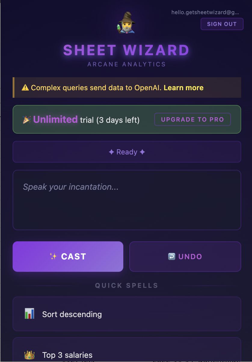 Sheet Wizard extension popup interface